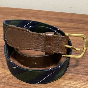 FH Wadsworth Men’s Leather Tab Belt in Blue/Green Tartan Stripe.